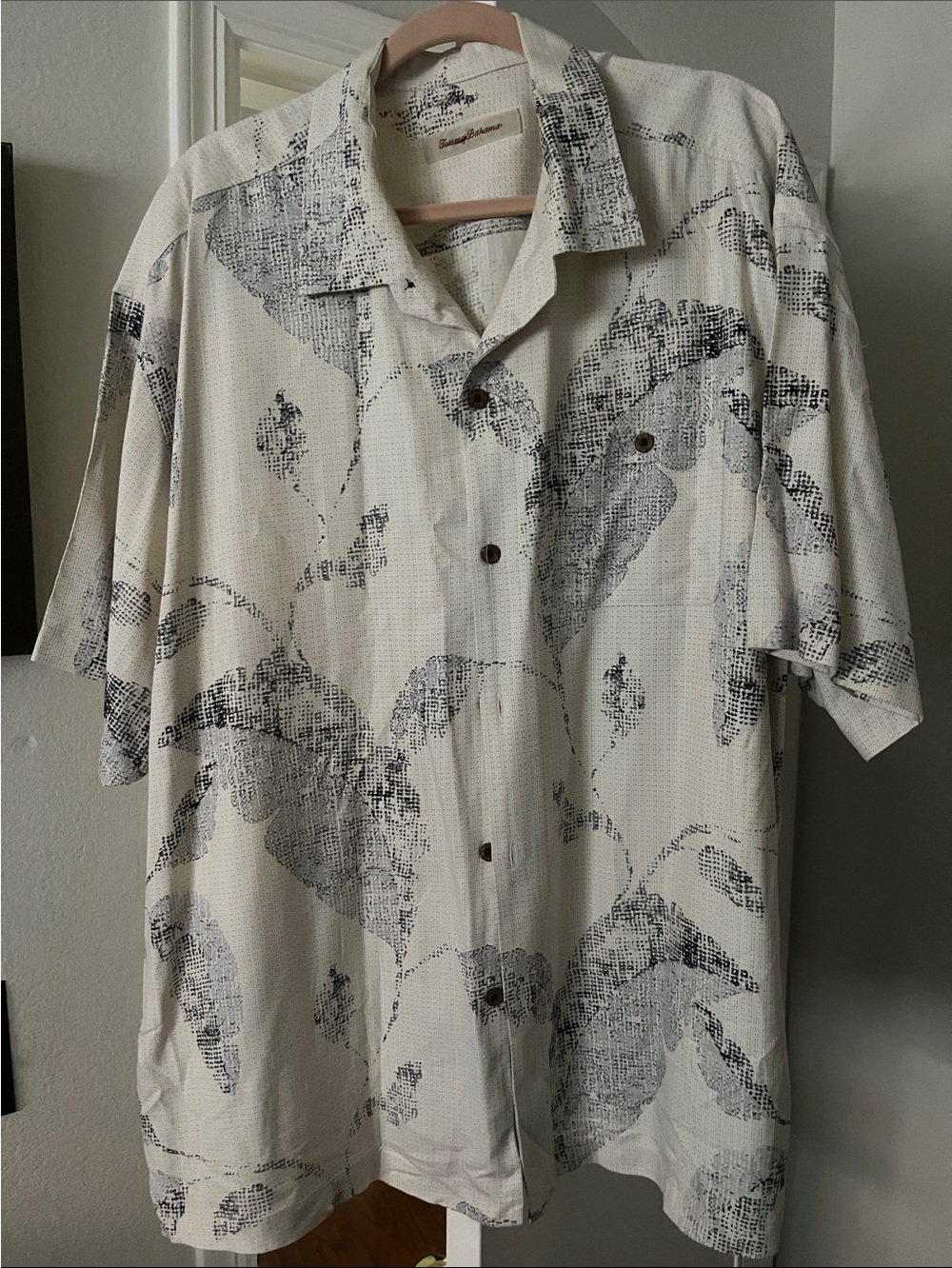Tommy Bahama Cream Button-Up Camp Shirt with Black Leaf Print